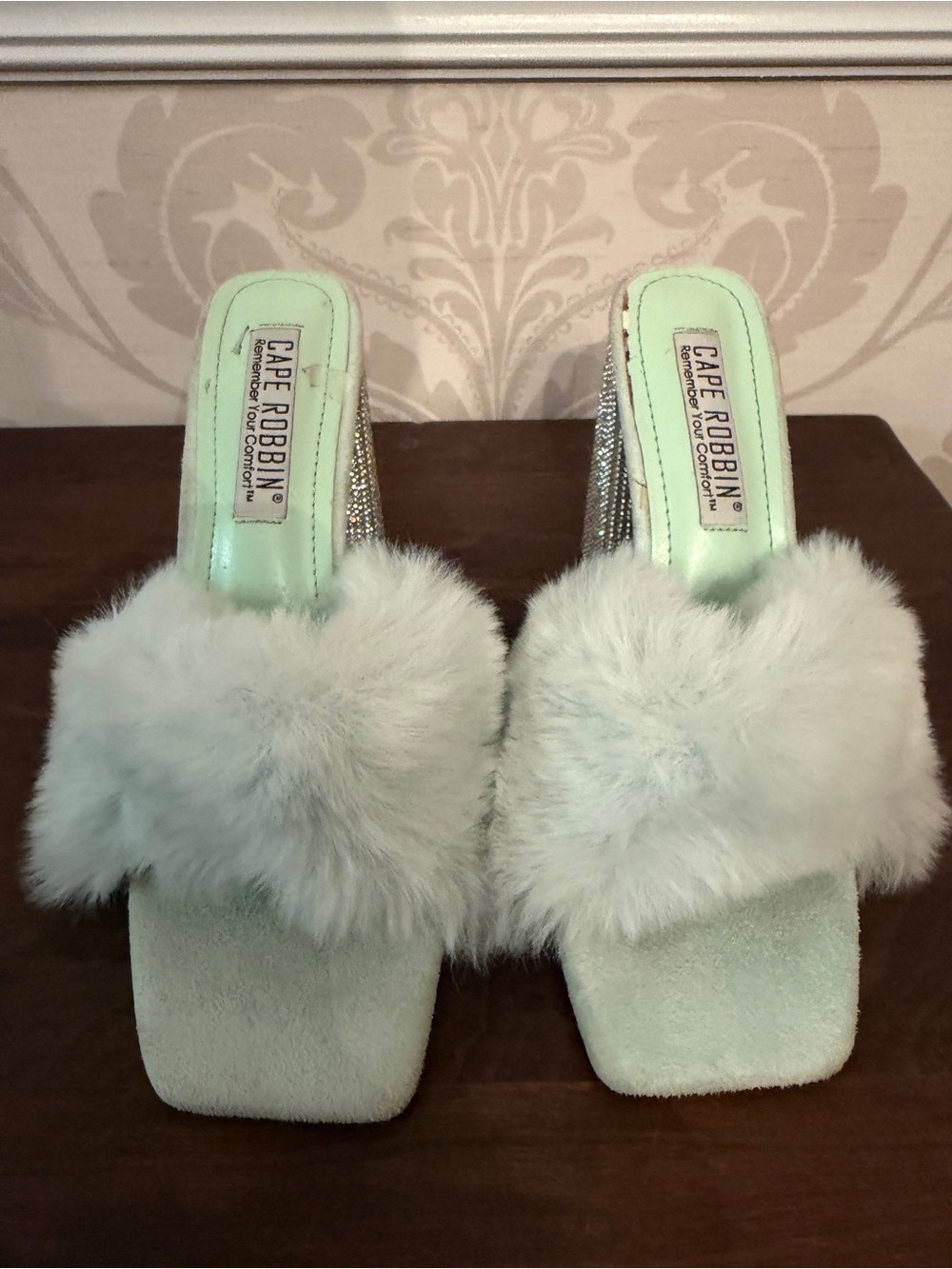 Cape Robbin Mint Green Faux Fur Slide Mules with Embellished Heel